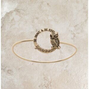 Goldtone Be Brave & Be Kind Imprint Owl Hinge Bangle Bracelet